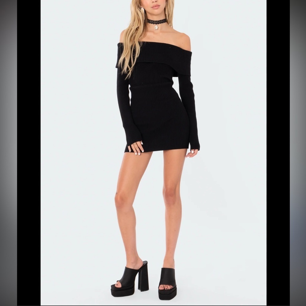 Edikted Black Emma Foldover Off The Shoulder Ribbed Knit Dress Size XS / S